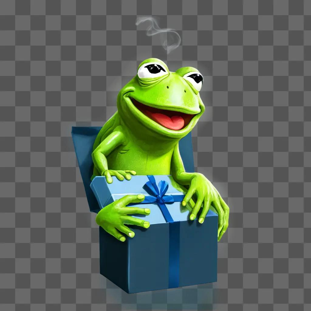 realistic gift drawing A green frog with a big smile is sitting inside a blue gift box