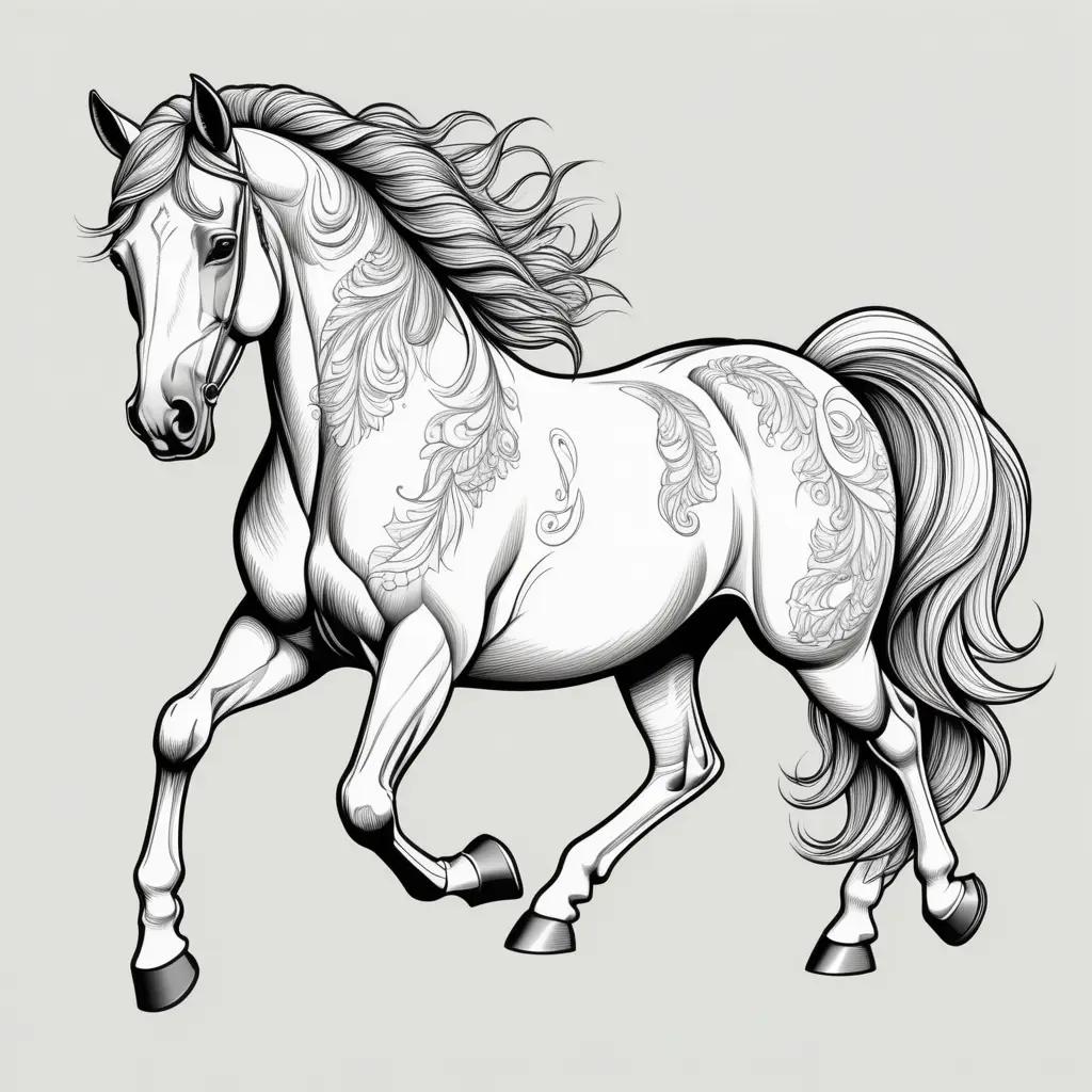 realistic horse is drawn in a black and white coloring book