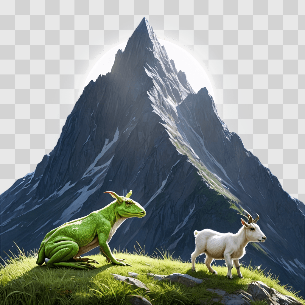 realistic mountain drawing Two animals on a mountain top with a bright sun