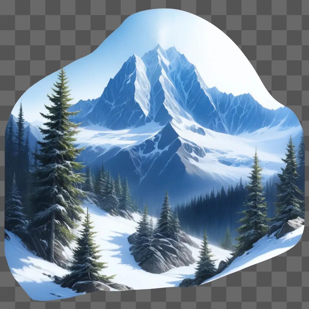 realistic mountain drawing of a snowy mountain scene