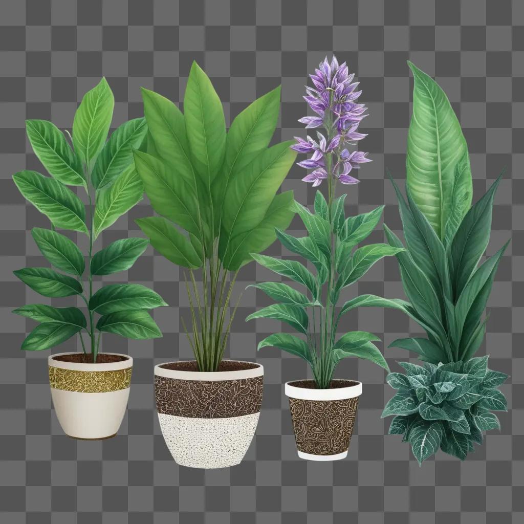 realistic plant drawing of green and purple plants