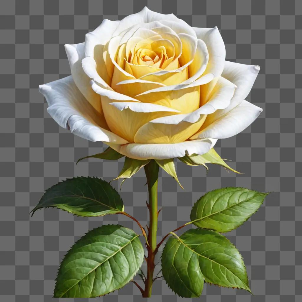 realistic rose drawing A beautiful white and yellow rose with green leaves