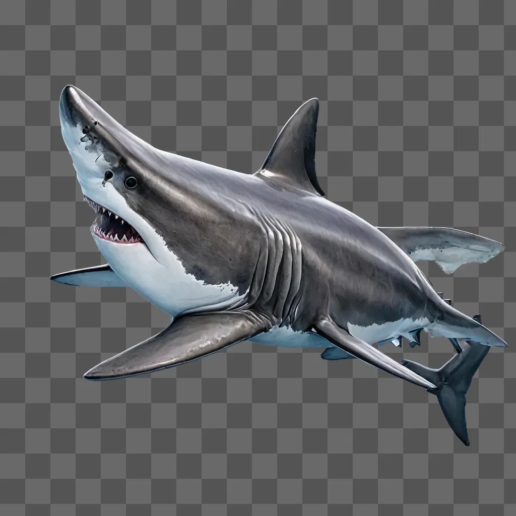 realistic shark drawing A large shark with open mouth on a grey background