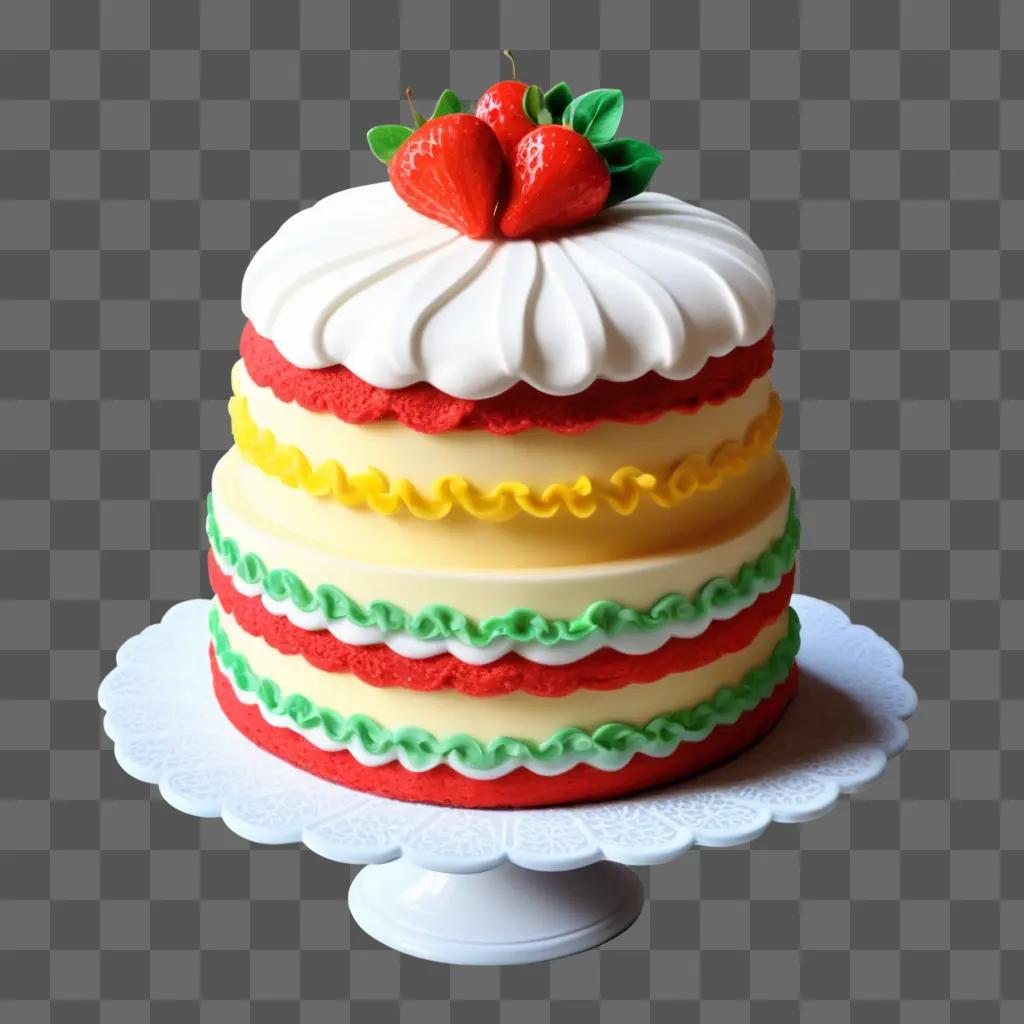 realistic three layer cake with strawberries on top