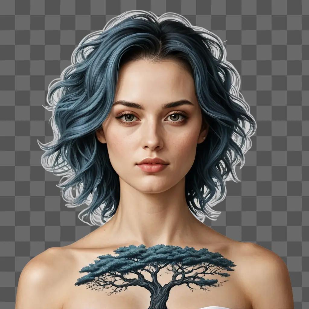 realistic tree drawing A blue-haired woman with a tattoo of a tree on her chest