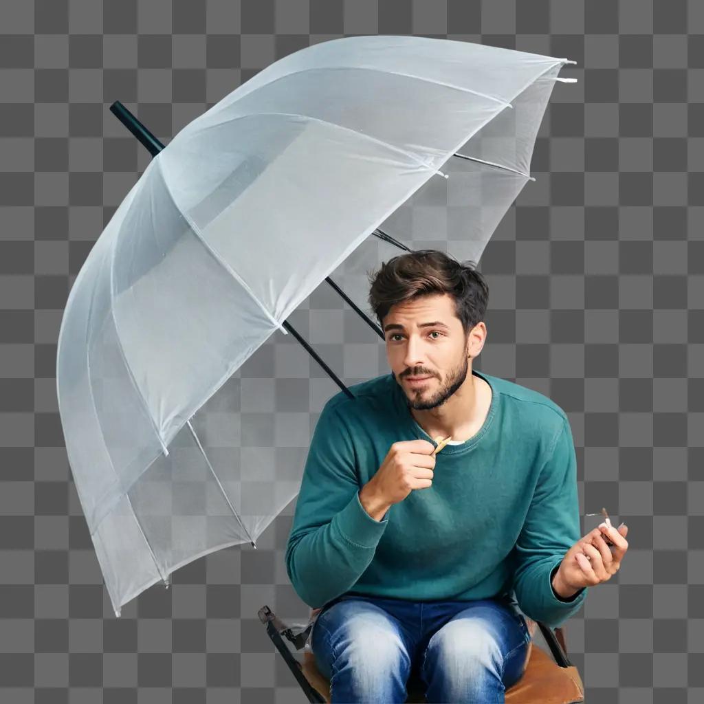 realistic umbrella drawing Man in sweater smoking under umbrella