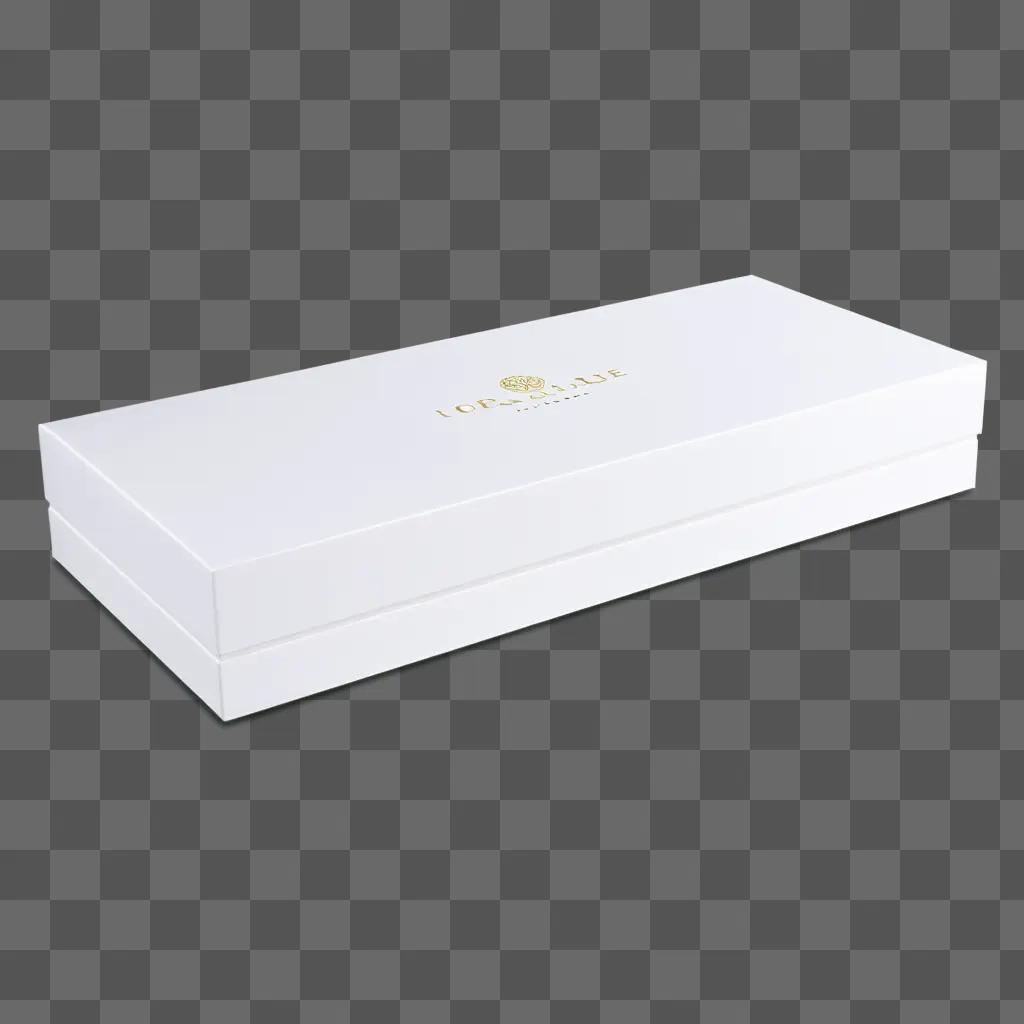 rectangular white box with gold lettering and logo