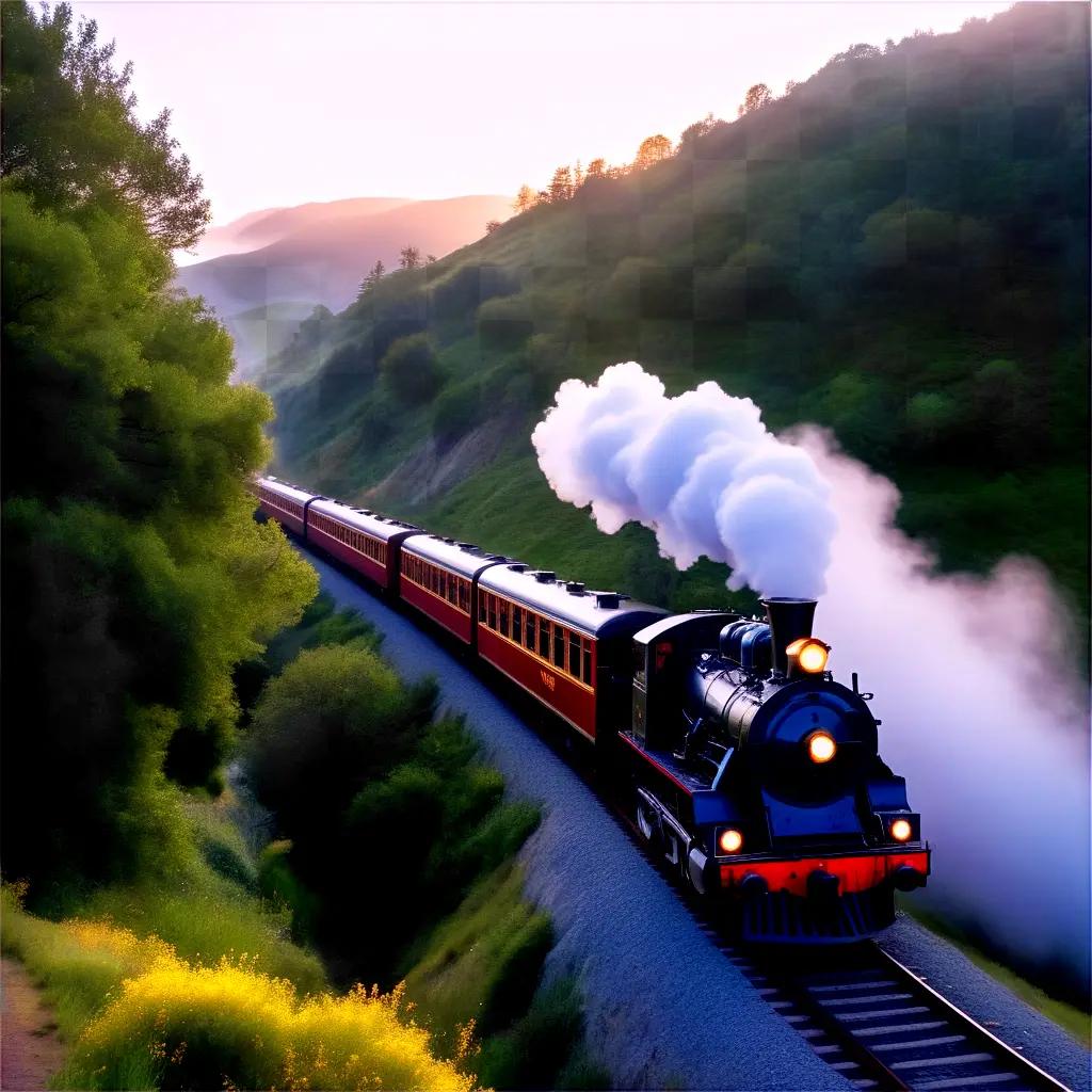 red and black train on tracks with steam billowing