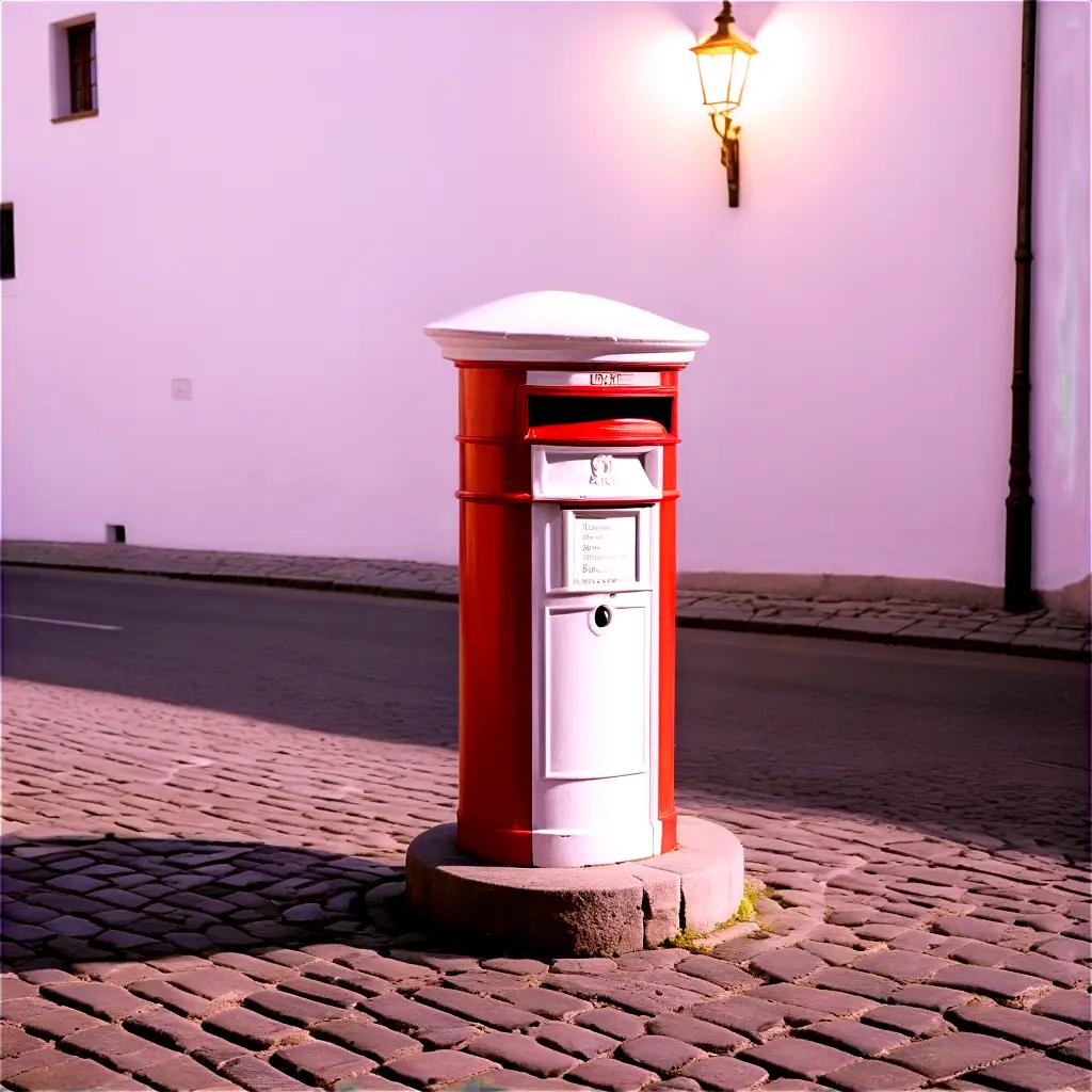 red and white postbox on a cobblestone street