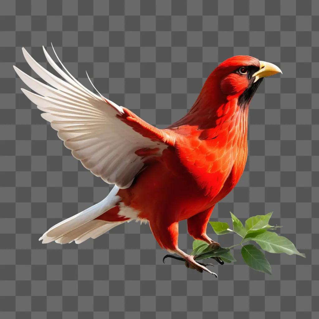 red bird with white wings stands on a green leaf