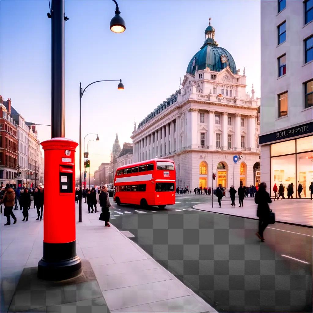 red bus with a postite on it drives down a street