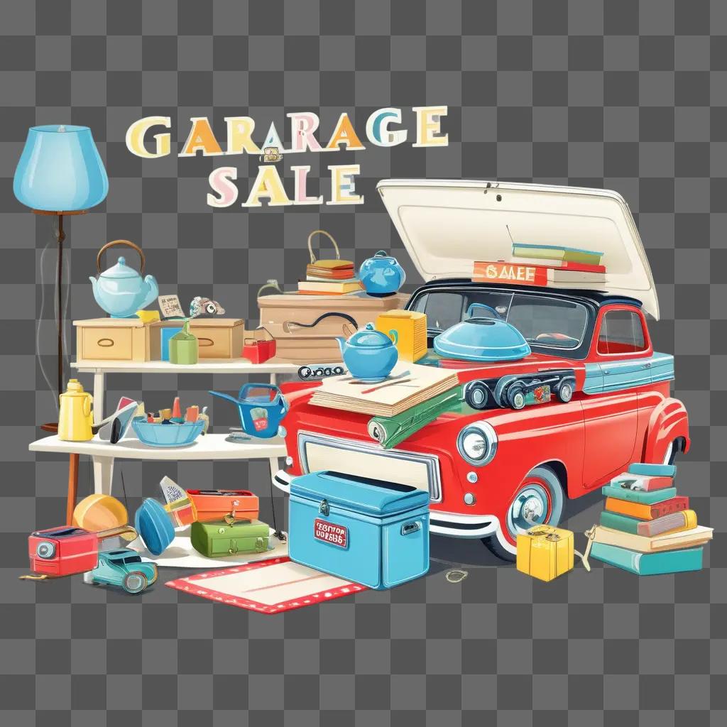 red car with various items inside a garage sale