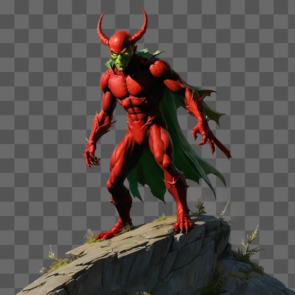 red christmas background A red monster with horns and a green cape on a rocky cliff