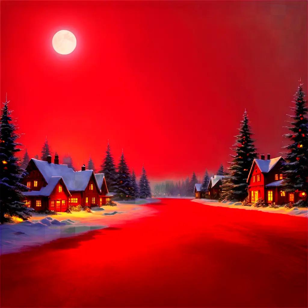 red christmas background A red moonlit Christmas village scene