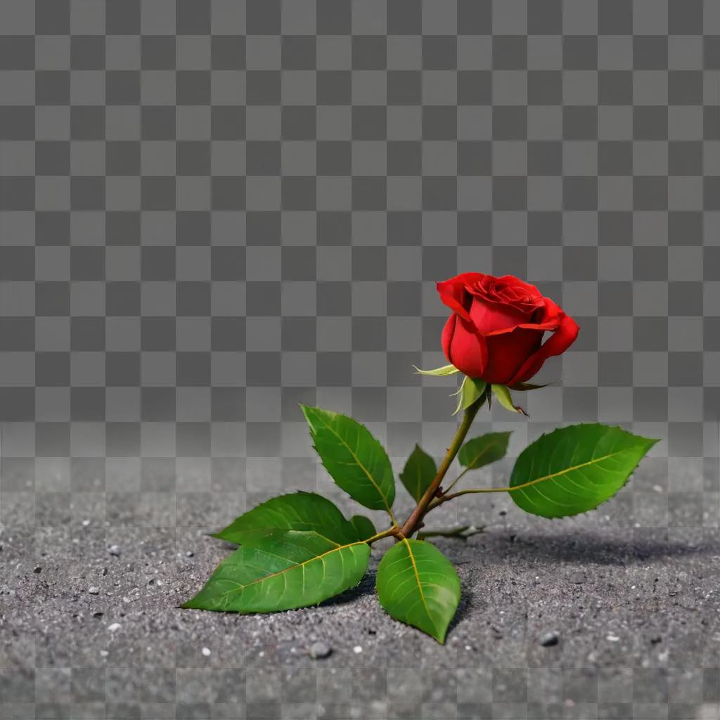 red christmas background A rose with green leaves on a concrete ground