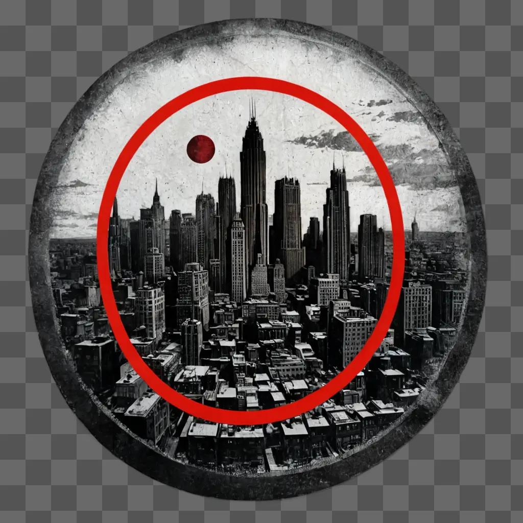 red circle A black and white cityscape with a red circle