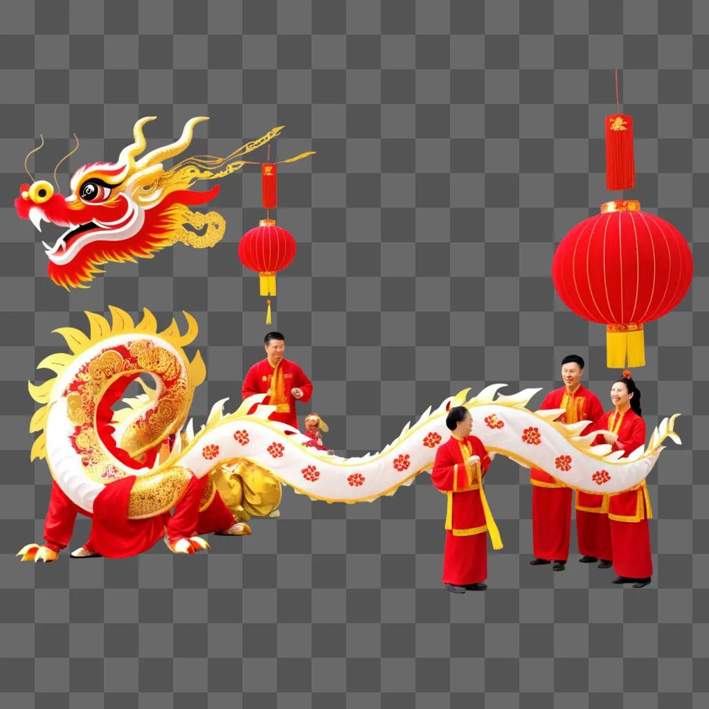 red dragon and red lanterns are used in Chinese New Year decorations