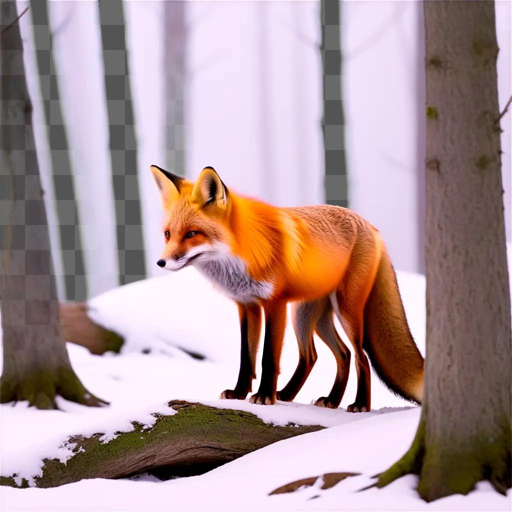 red fox in the snow, surrounded by trees