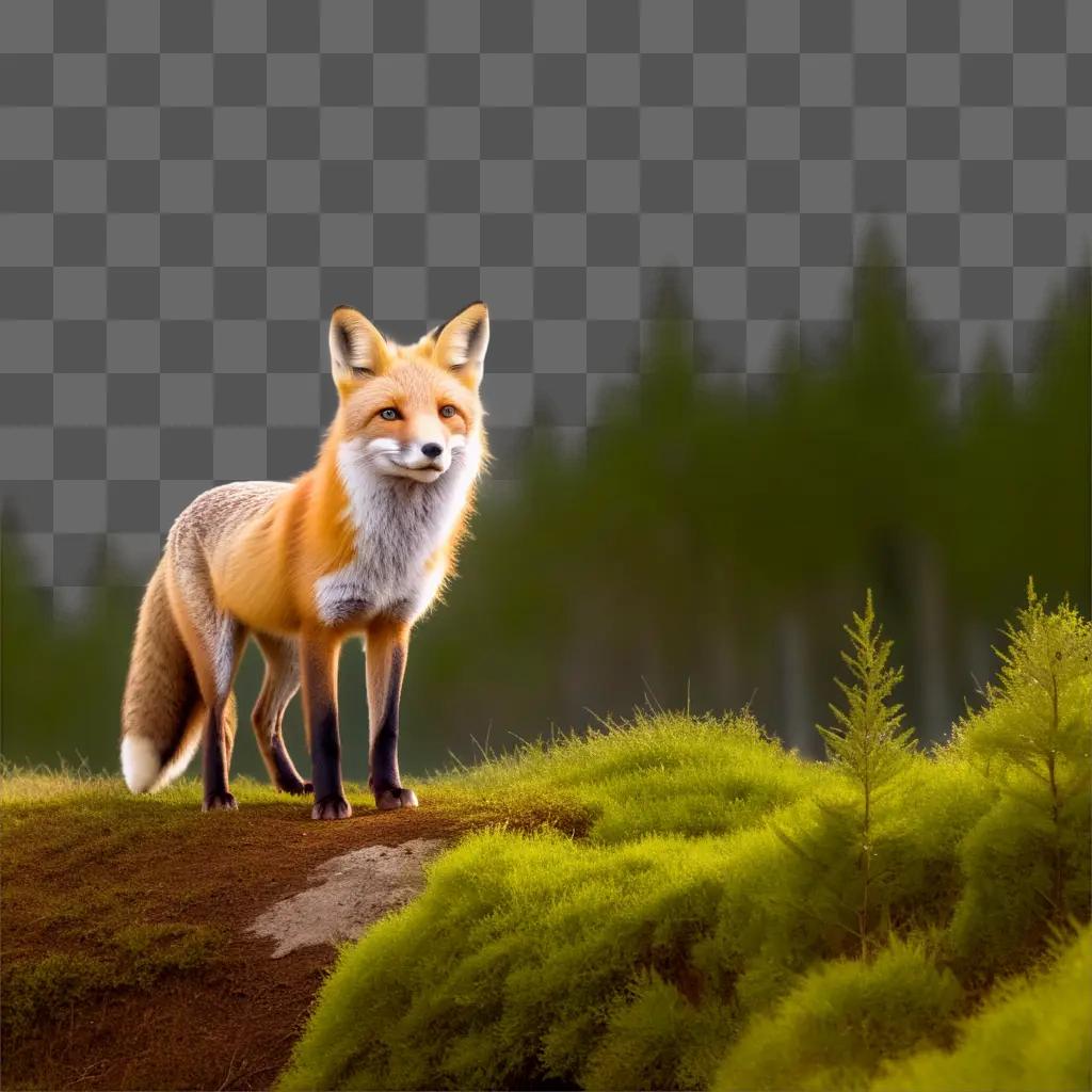 red fox stands on a grassy hillside