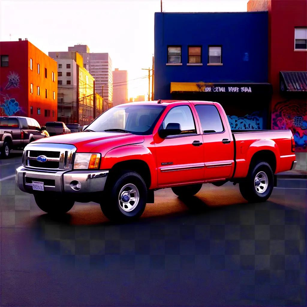 red pickup truck is parked in the city