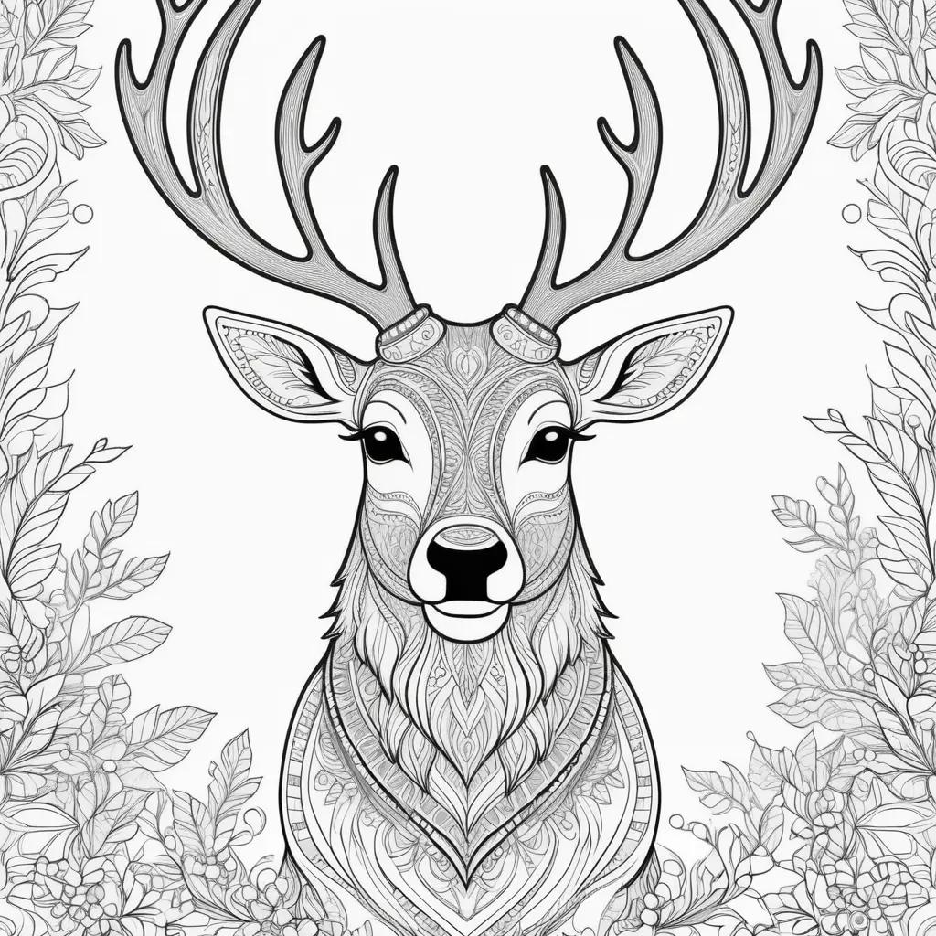 reindeer coloring page with intricate details and a black and white design