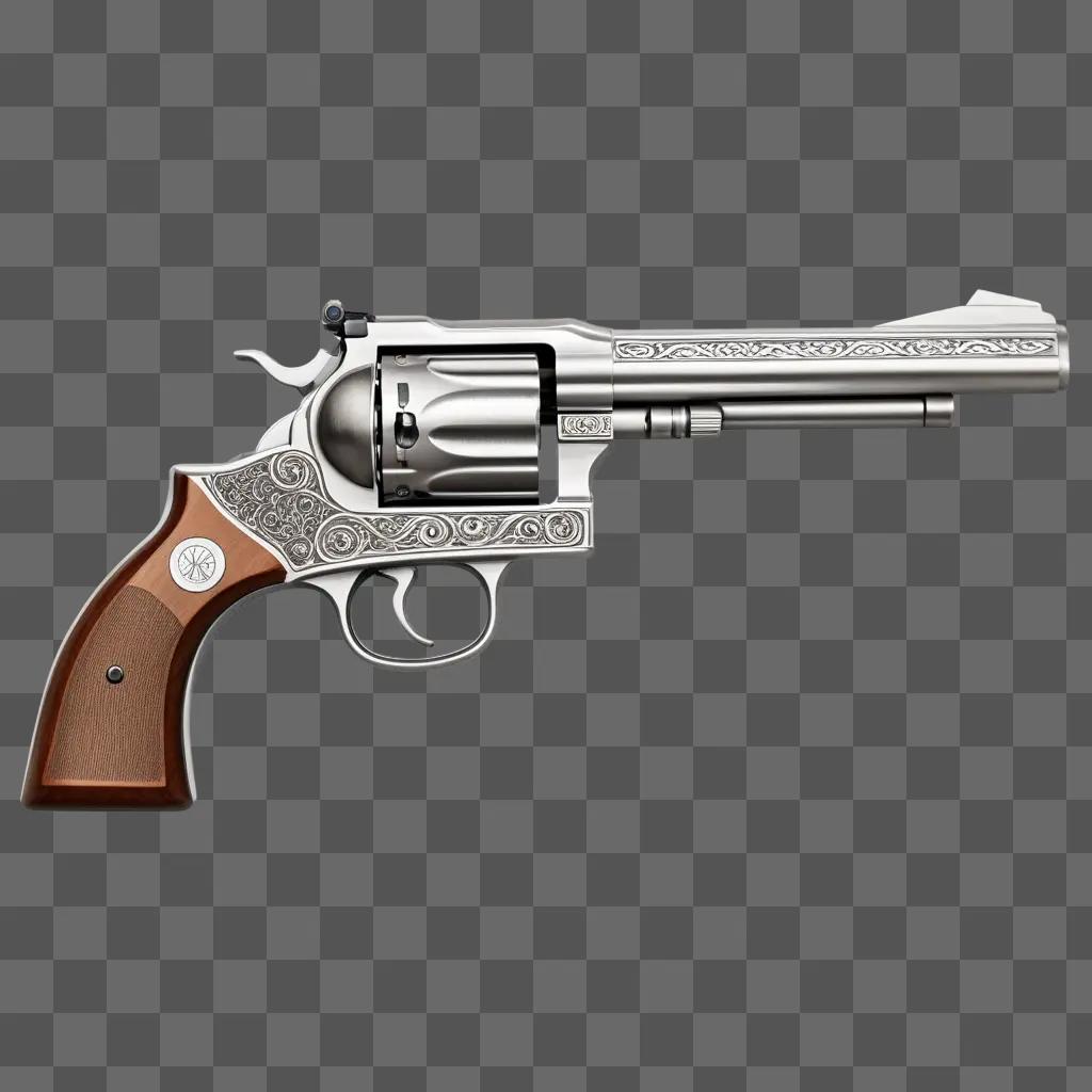 revolver with a silver barrel and wood grips