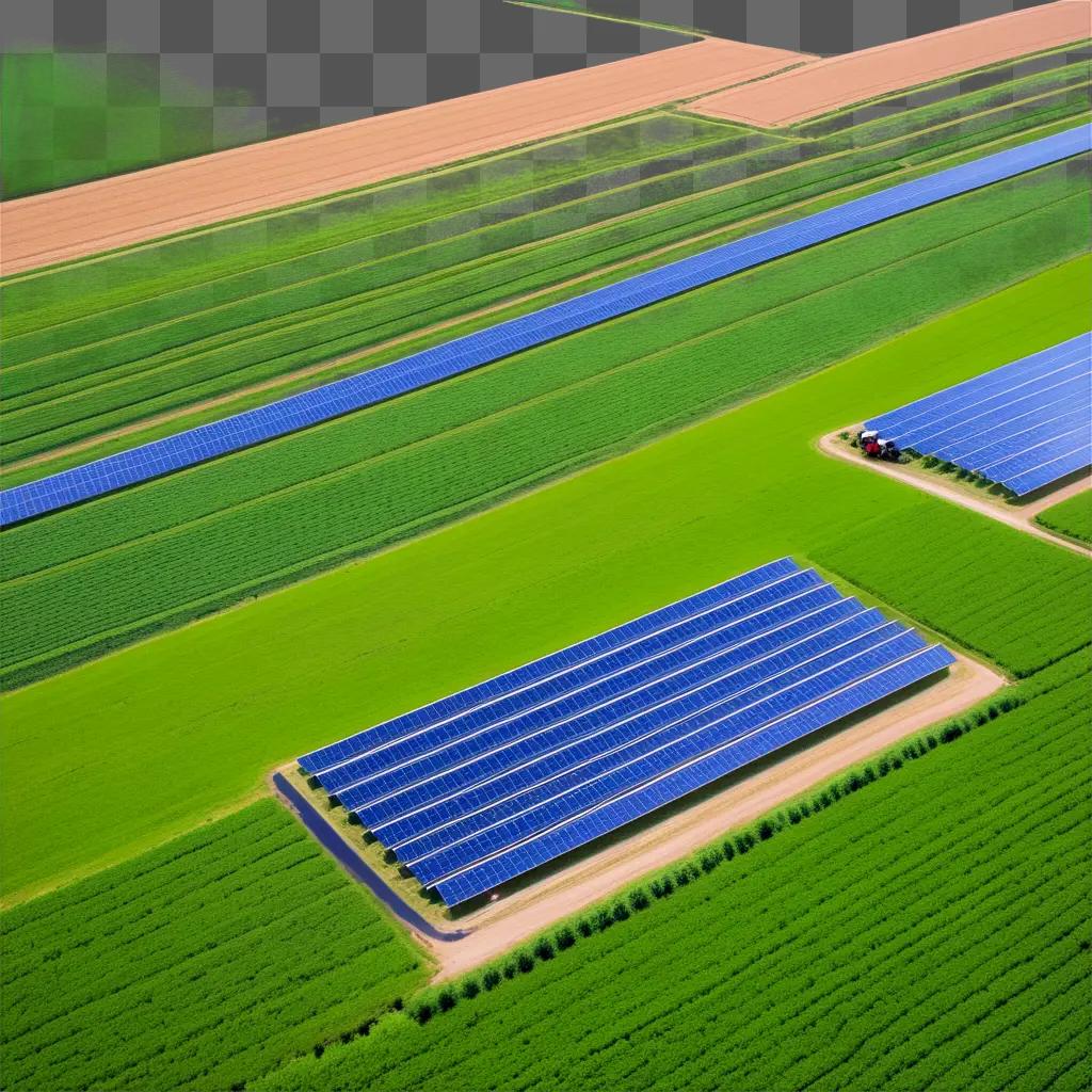 rial view of solar panels in a green field