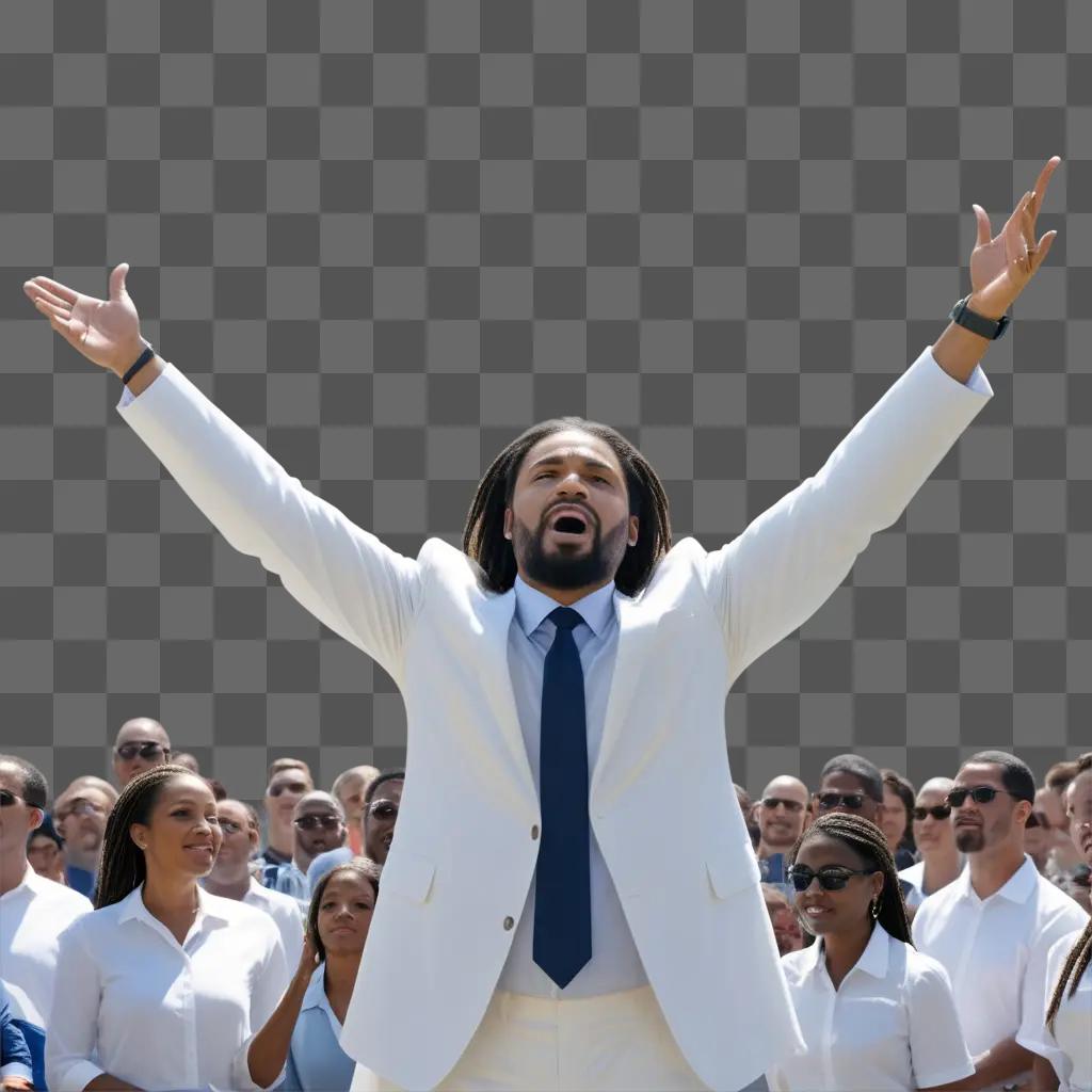 rican American man with arms up singing