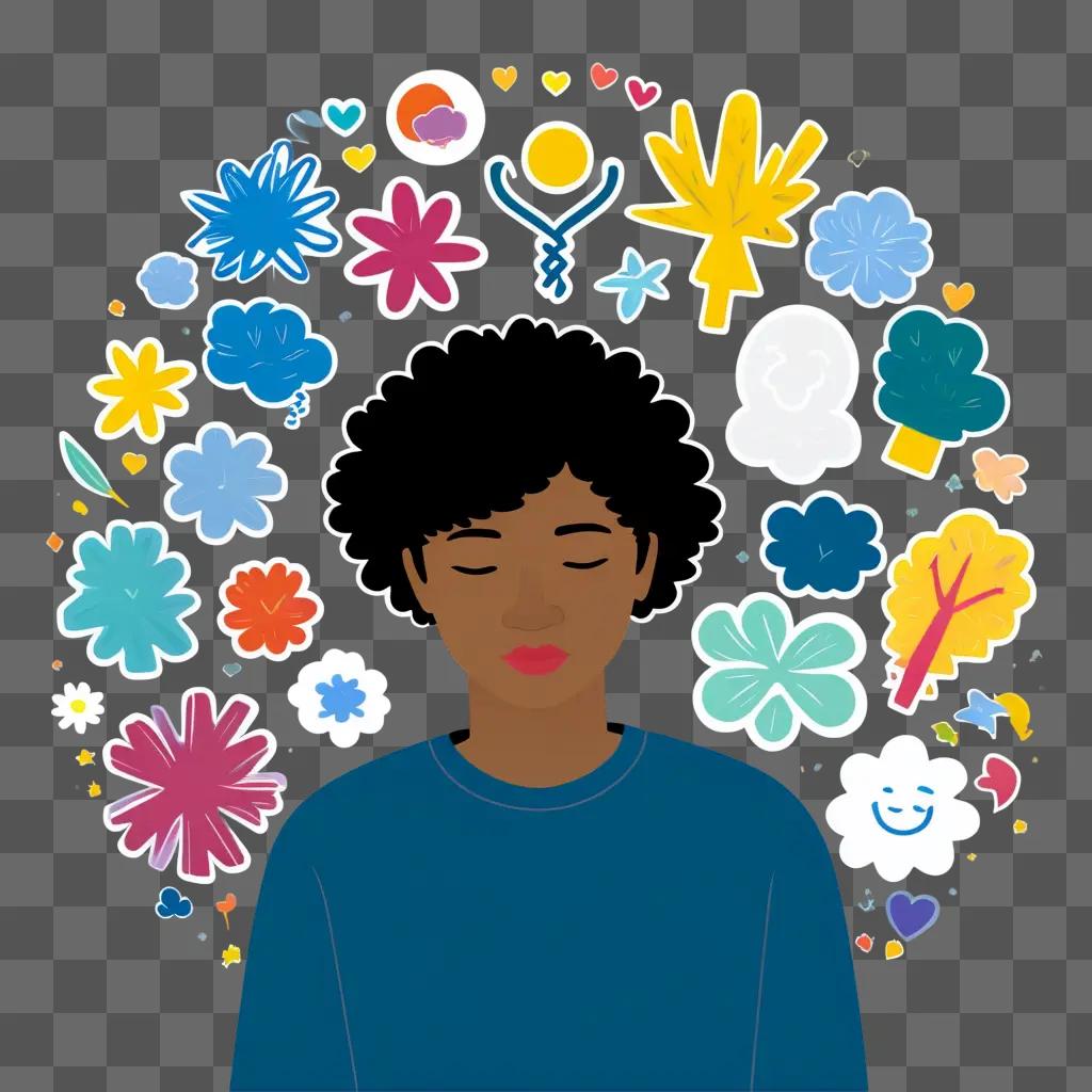 rican American woman with a circle of colorful mental health clipart around her