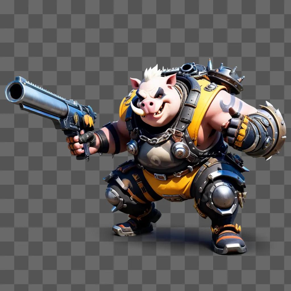 roadhog holds a gun in a black and yellow outfit