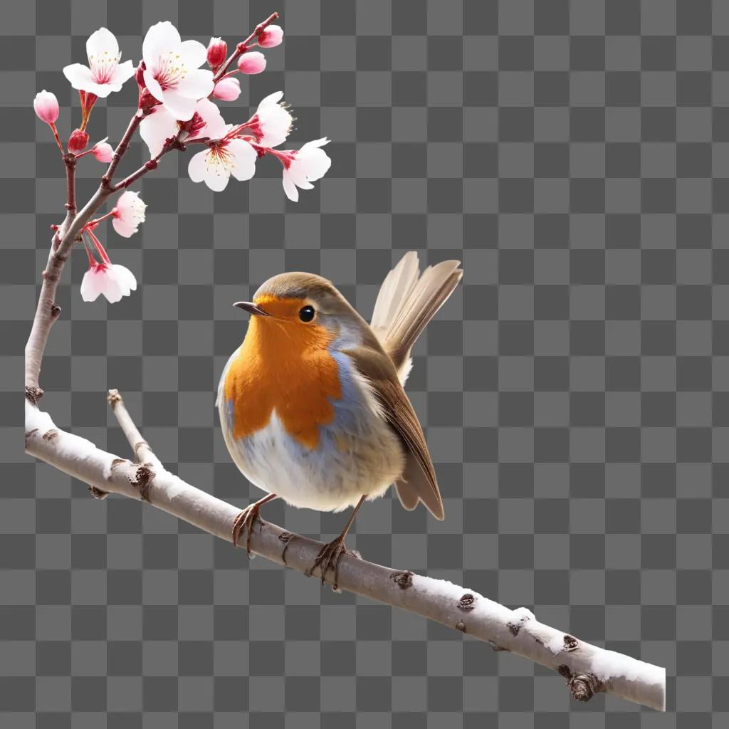 robin perches on a branch near blossoming trees