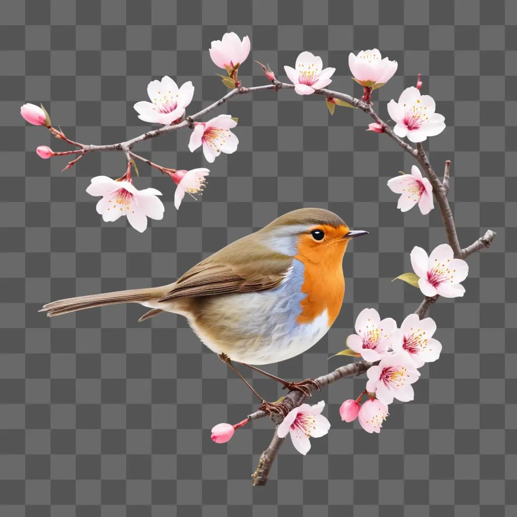 robin sits on a branch among cherry blossoms