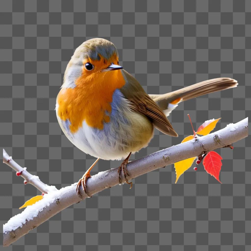 robin sitting on a branch with a leaf