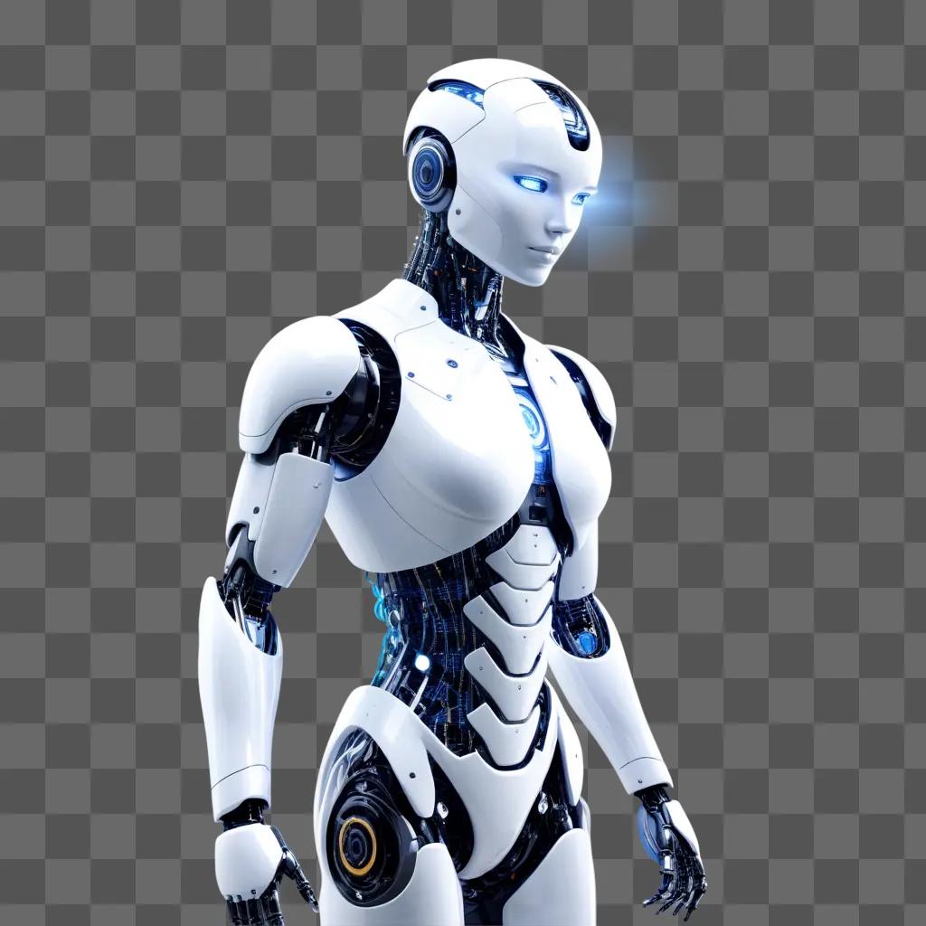 robot girl with glowing eyes stands in a gray background