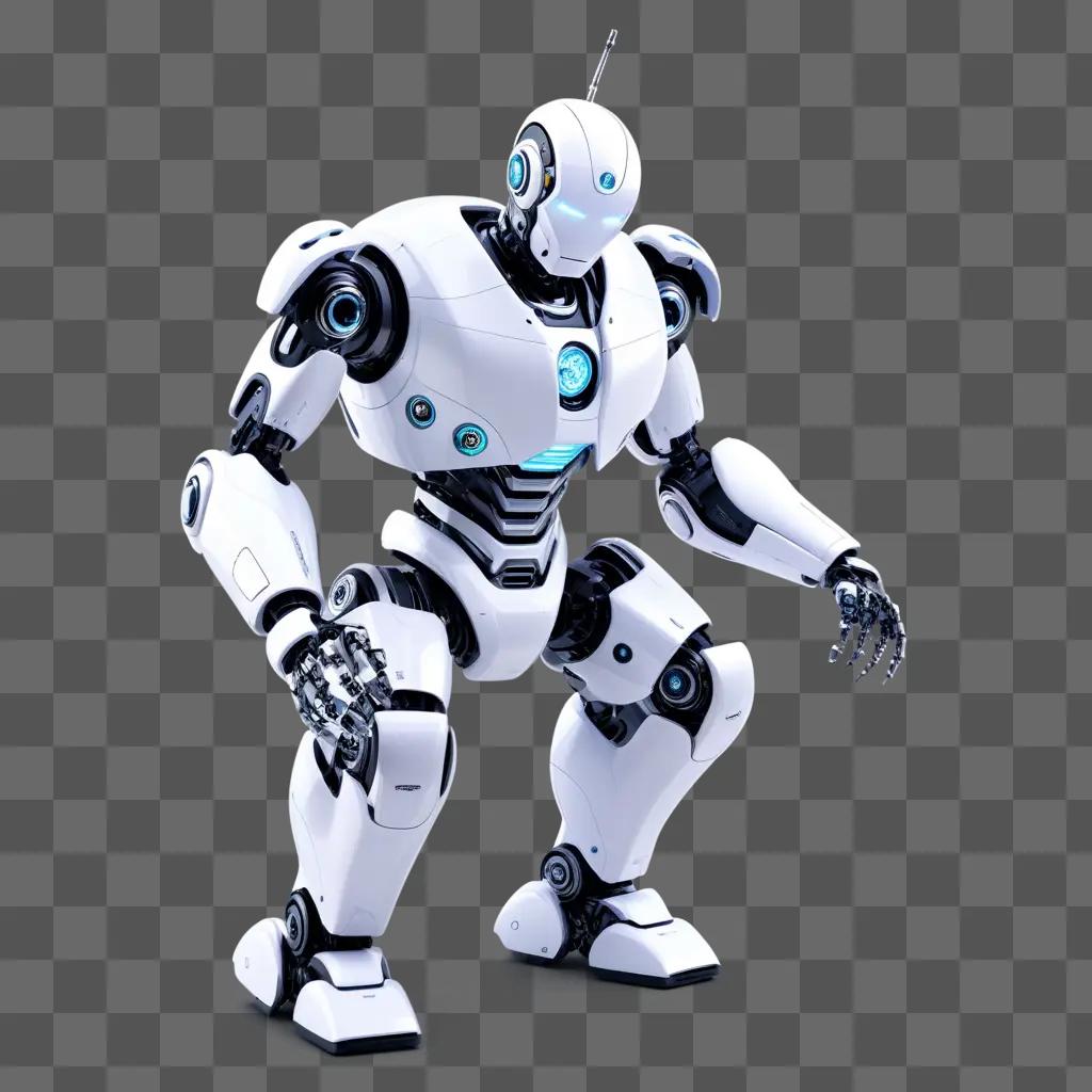 robot in a gray background with blue eyes and a white head