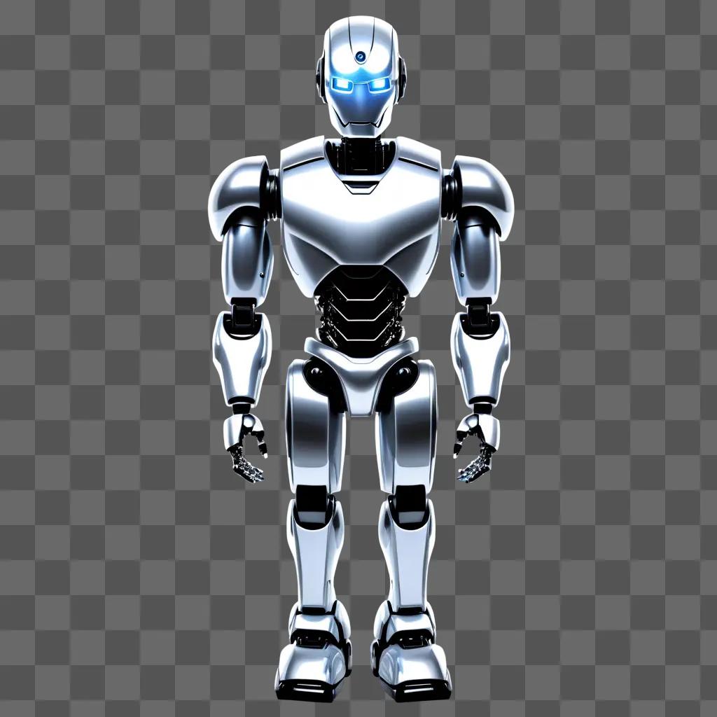 robot in a metallic suit stands against a gray background