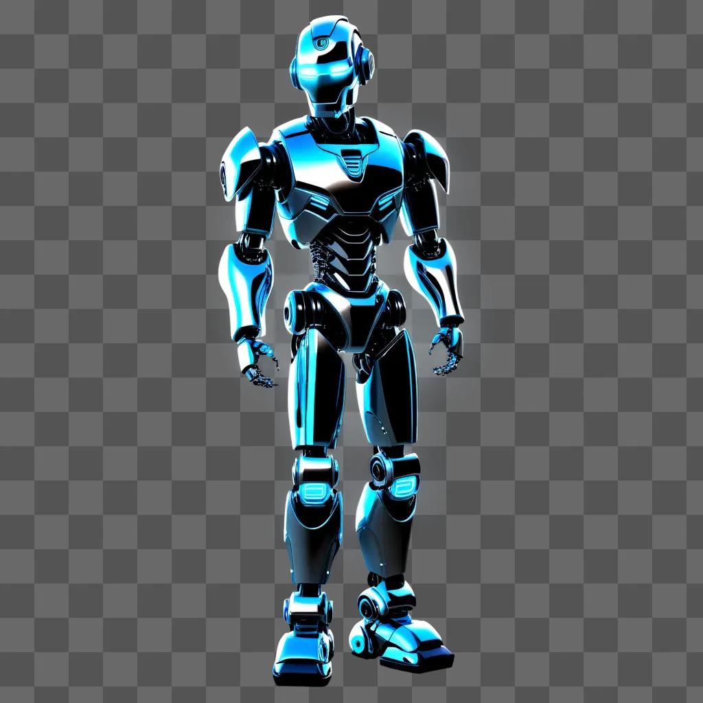 robot stands on a blue background with glowing legs