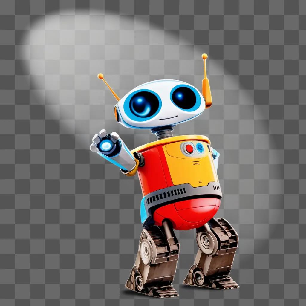 robot with a blue face and orange and yellow body waves to the camera