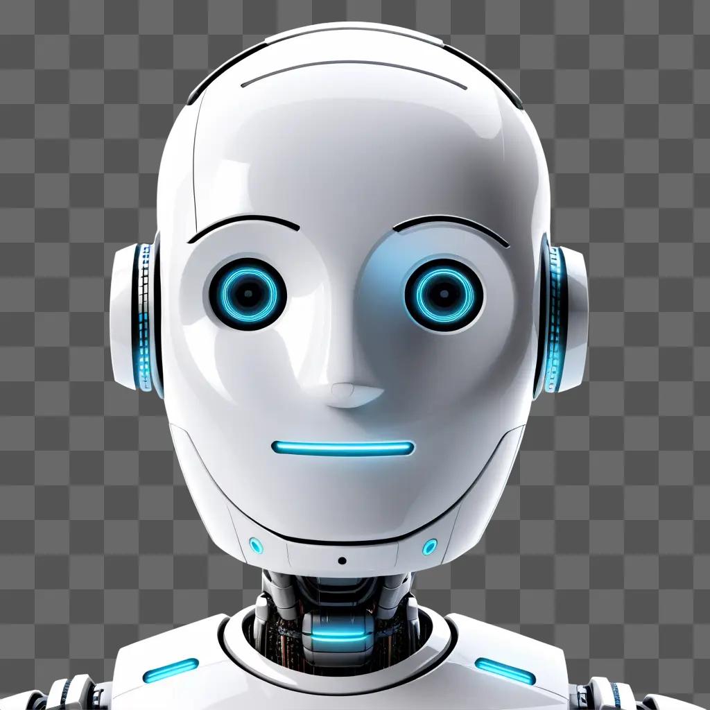 robot with glowing blue eyes looks at camera