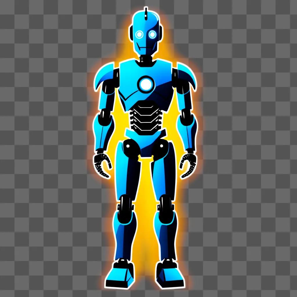 robot with glowing eyes and a bright orange background