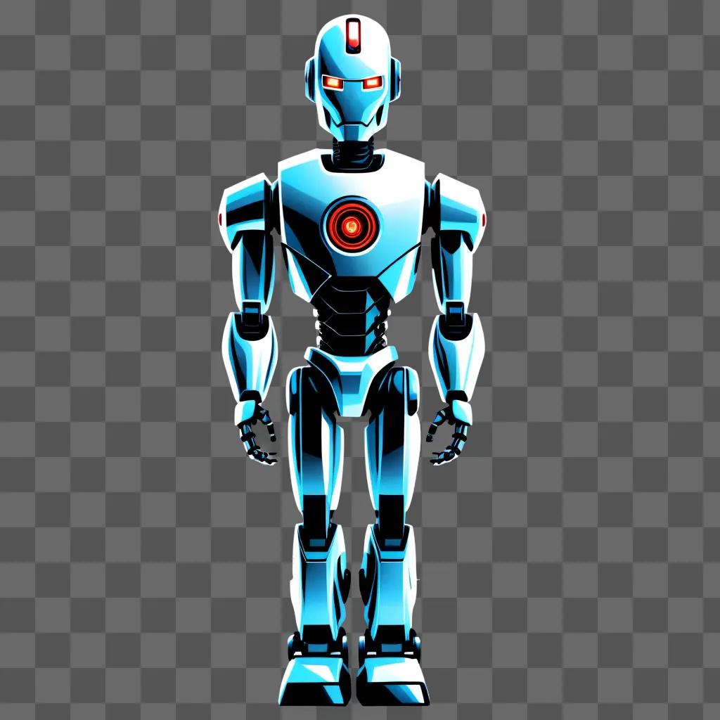 robot with glowing eyes and a red circle on its head stands in front of a blue background