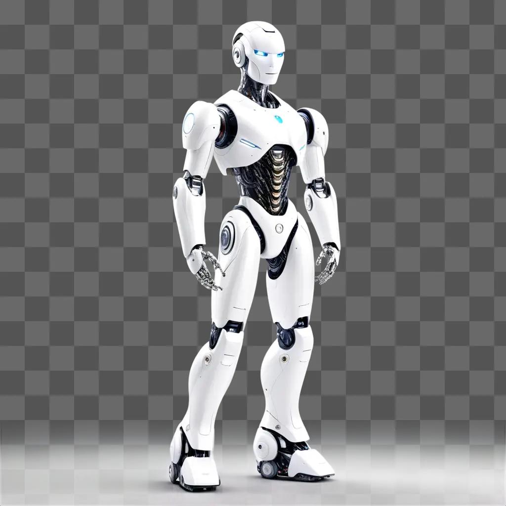 robot with glowing eyes stands in a white room