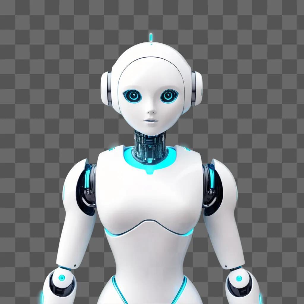 robotic chatbot is standing in front of a blue background