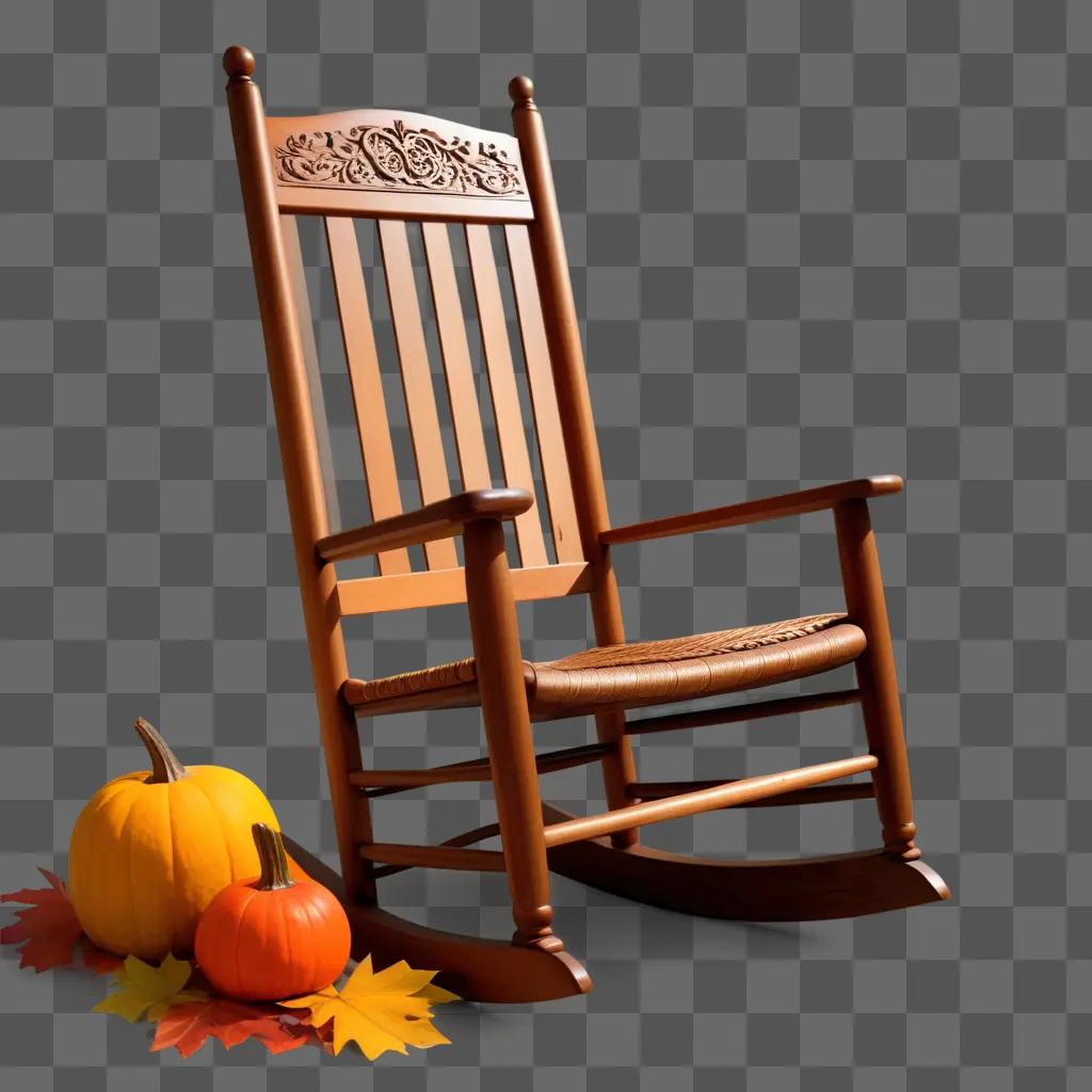 rocking chair sits next to pumpkins and leaves