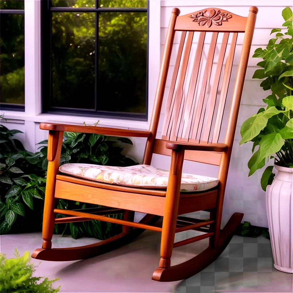 rocking chair sitting outside with a plant next to it