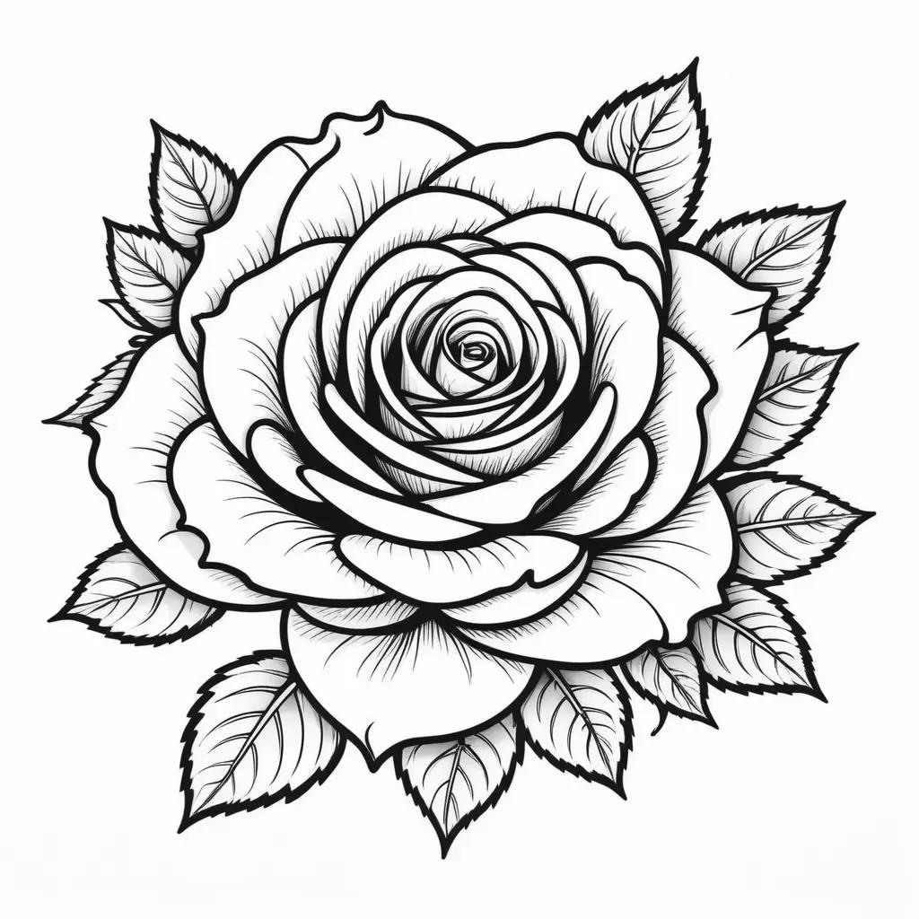 rose coloring page features a black and white illustration of a rose