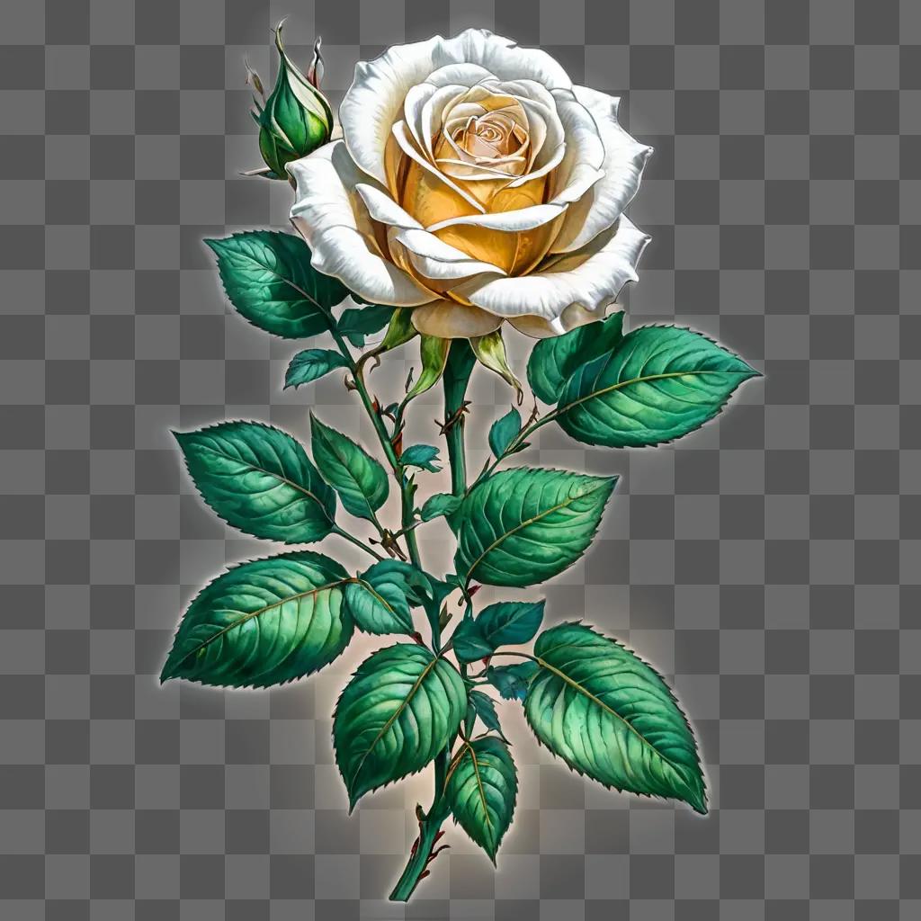 rose flower drawing A beautiful white and yellow rose with green leaves