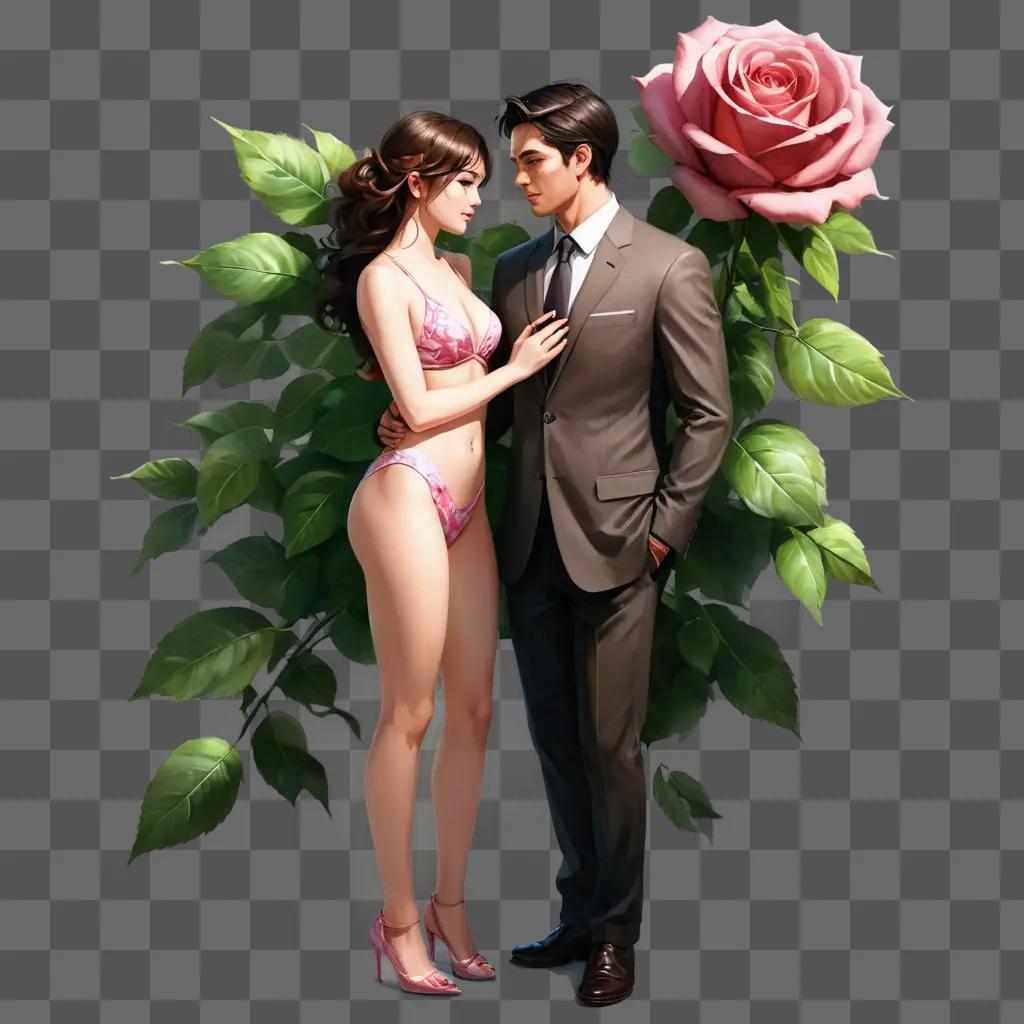 rose flower drawing A man and a woman posing in front of a rose