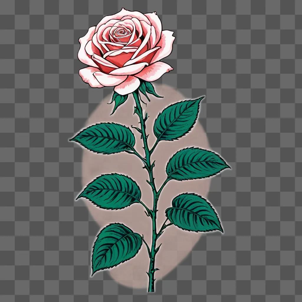 rose flower drawing A pink rose with green leaves on a light green background