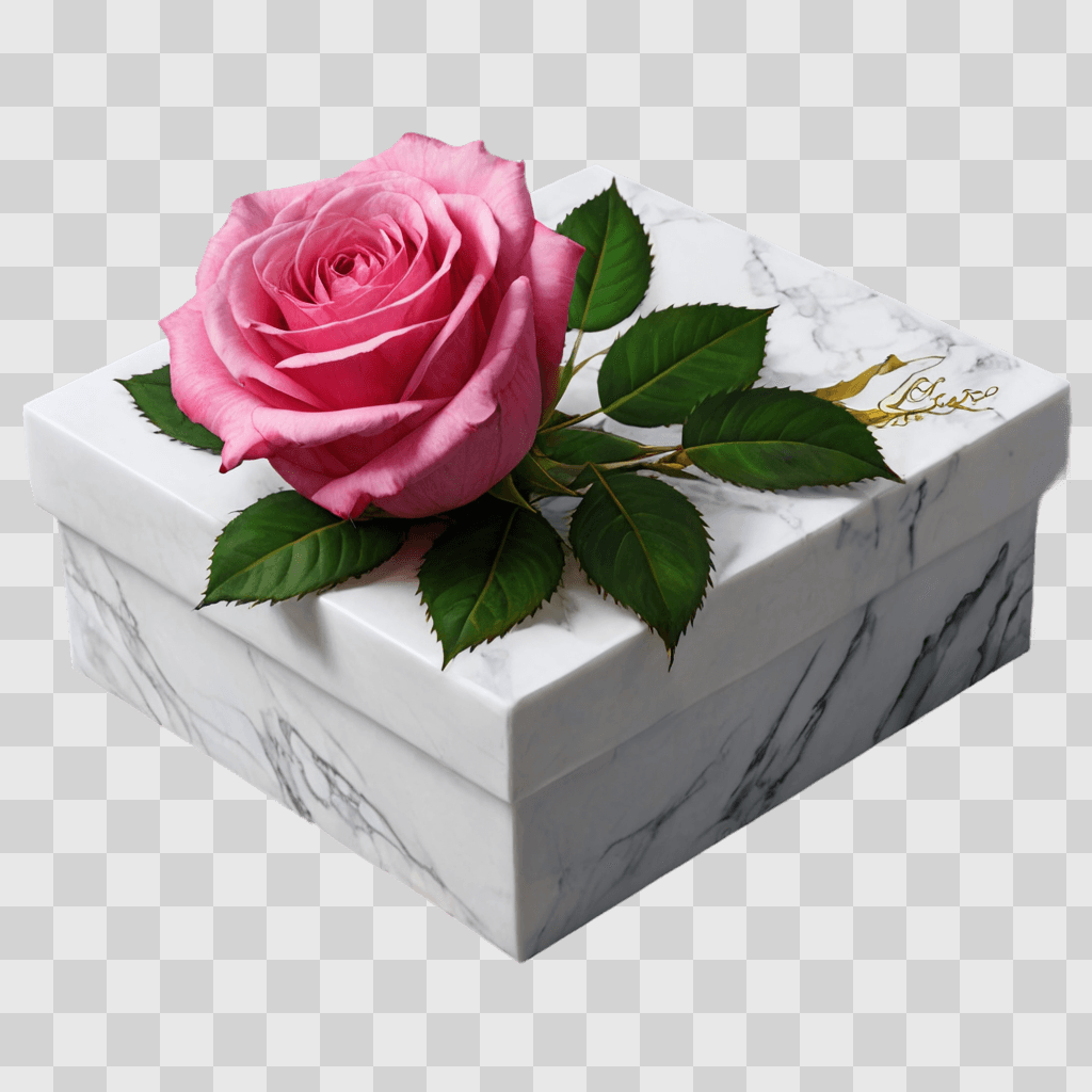 rose flower drawing A pink rose with green leaves on a white box